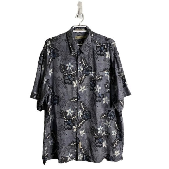 Retreat Men's Blue Floral Button-Down 100% Silk Short Sleeve Shirt - Picture 1 of 6